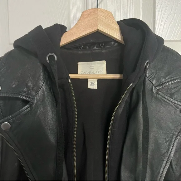 Caslon Black Leather Moto Jacket Women Large Removable Hood - Picture 9 of 16